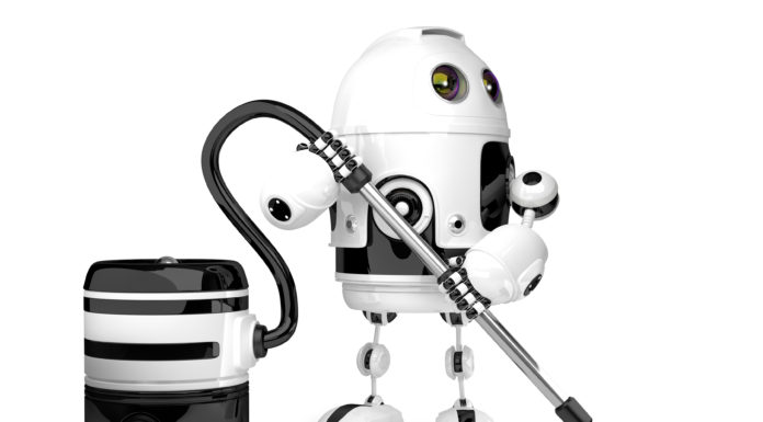 Cute Robot with vacuum cleaner. Isolated. 3D illustration. Contains clipping path