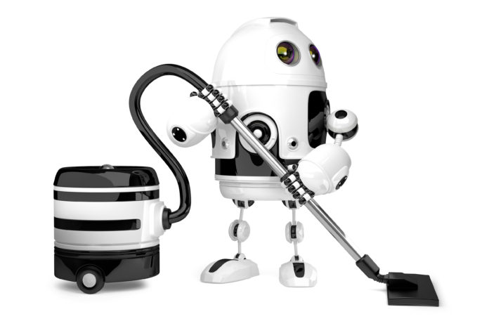 Cute Robot with vacuum cleaner. Isolated. 3D illustration. Contains clipping path