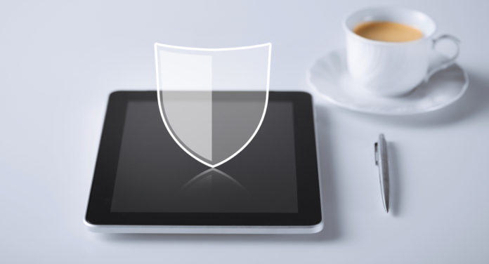 virtual antivirus program icon over tablet pc