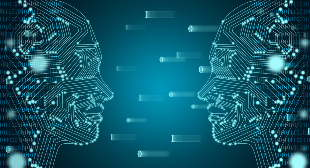 Big data and machine learning concept. Two female faces outline with binary data flow on a background inteligencia artificial