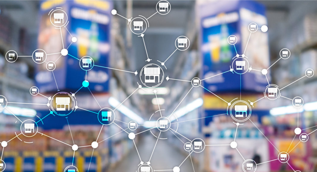 Franchise Distribution network Shop Retail Business Financial concept. Blurred supermarket background nuevo distribuidor